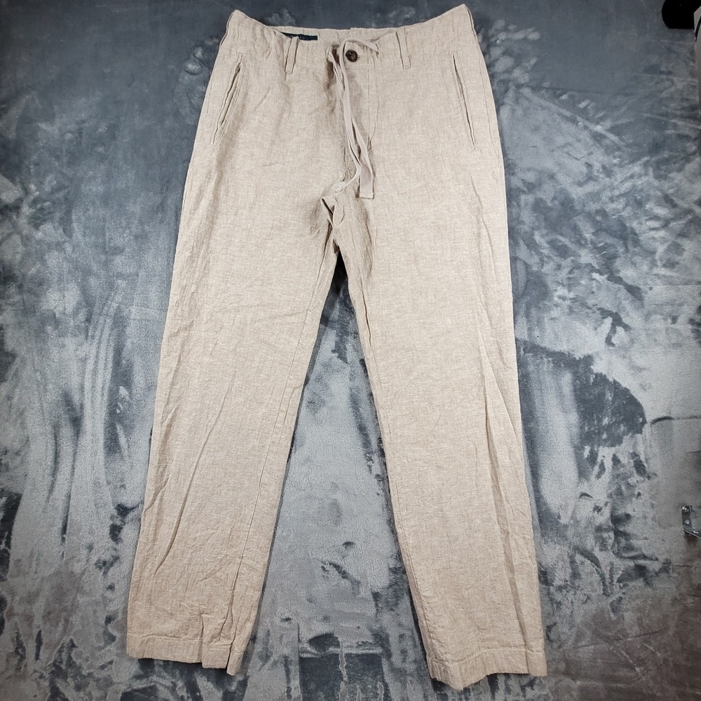 Perry Ellis Mens Linen Drawstring Button Fly Pants Beige Straight Leg 30x30